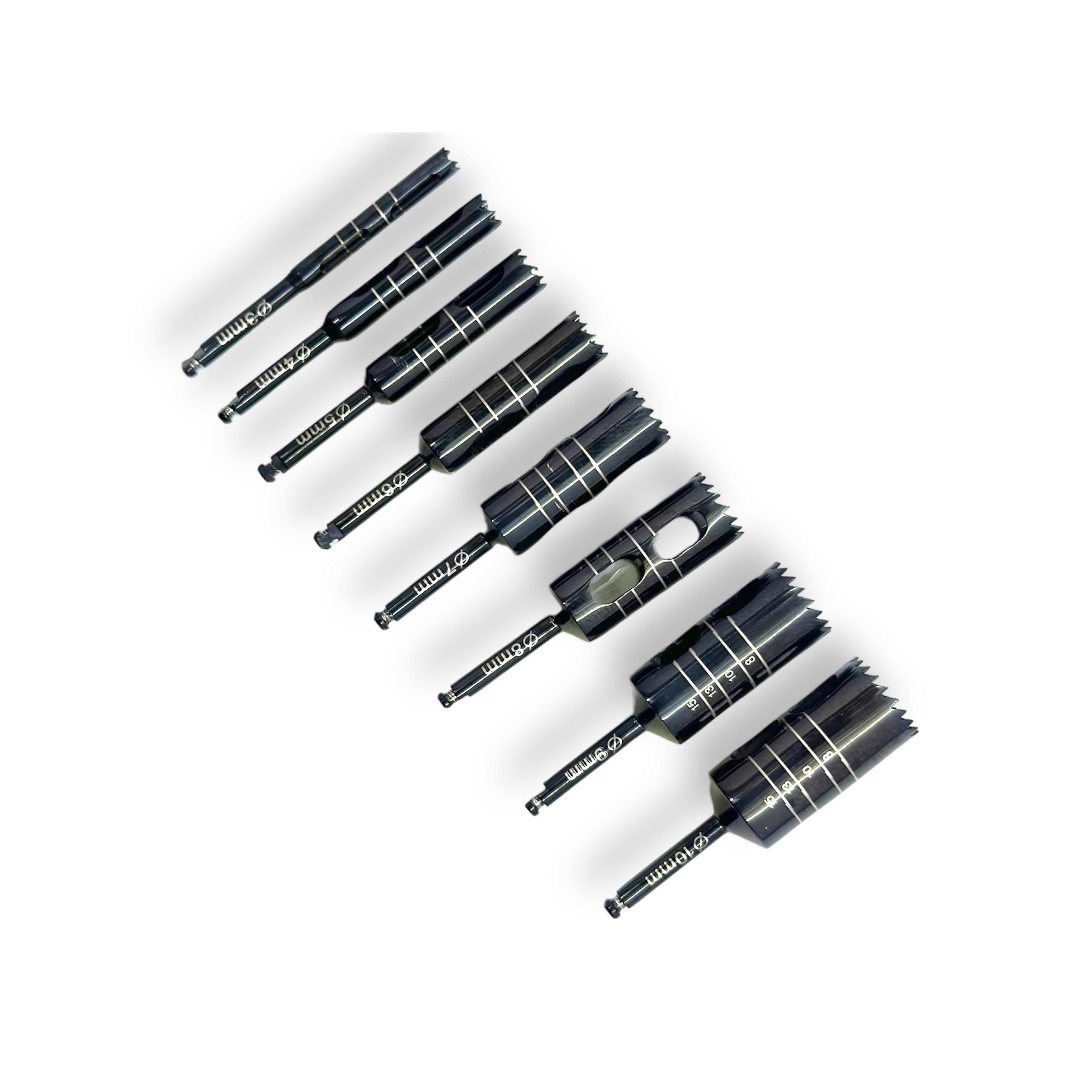 Dental Implant Long Trephine Drills Kit 8 Pcs Black Titanium Coated & Bur Holder CE